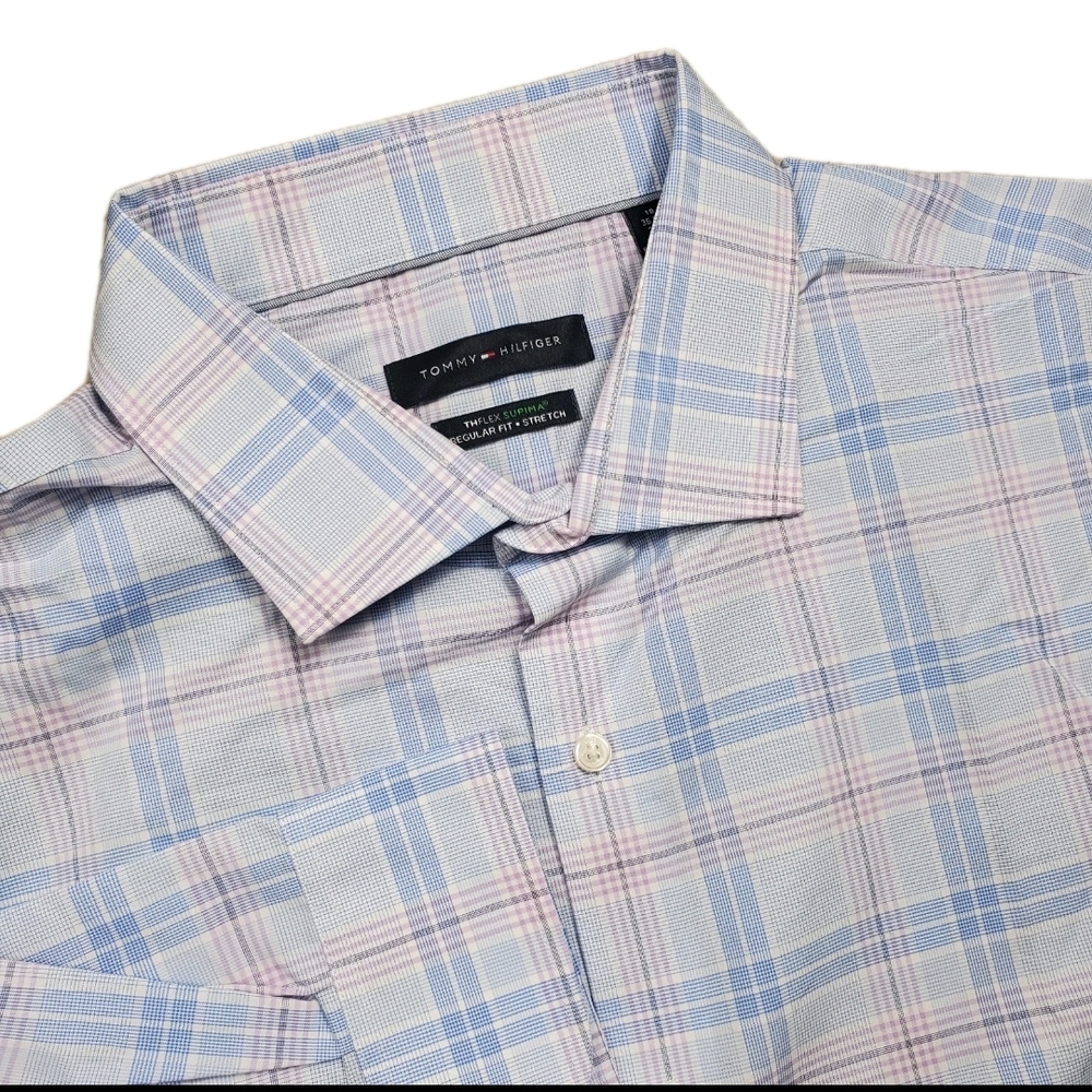 Tommy Hilfiger Dress Shirt Mens 2XL THFLEX Regular Stretch 18 36/37 Plaid Blue